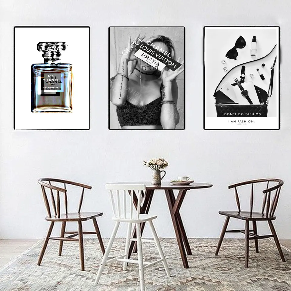 

Modern coco Fashion Perfume Bottle Art Canvas Painting Vogue Quotes Girl Poster Prints Wall Pictures for Living Room Home Decor