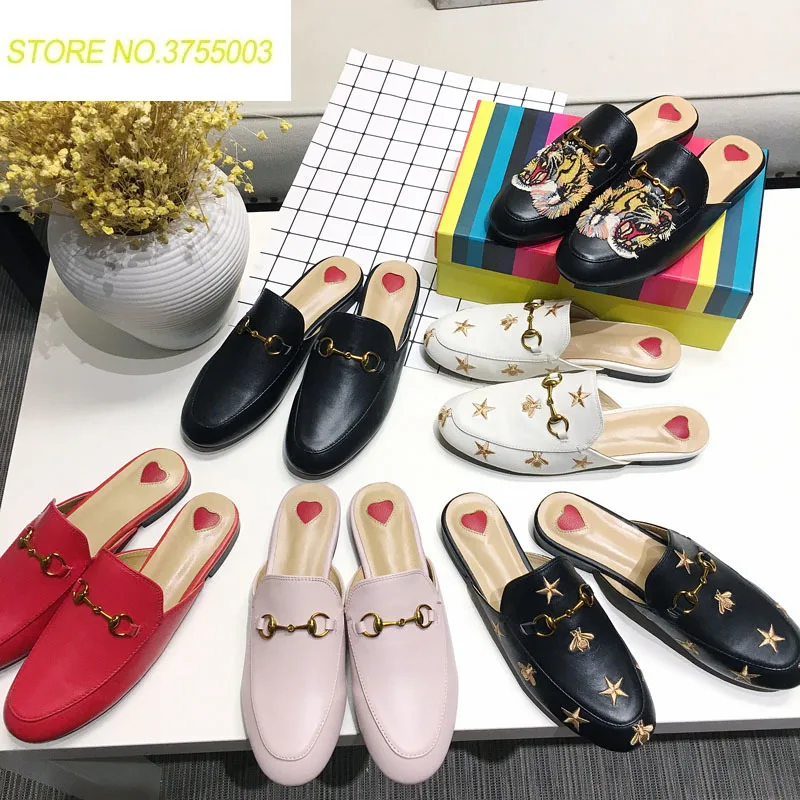 

Brands Women Spring Mules Fashion Flat Heel Slip On Slides Embroidery Pattern Shoes Backless Loafer