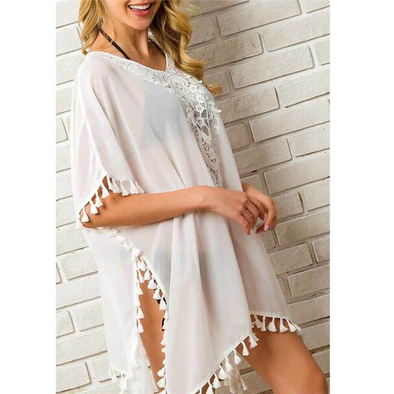 Mujeres de playa estilo Sexy Shein vestido transparente cubre Ups Verano de  manga corta borlas vestidos sueltos señora Split moda playa Mini vestido| Vestidos| - AliExpress
