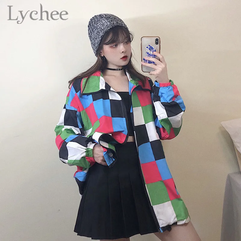 

Lychee Harajuku Hit Color Plaid Female Sun Protection Jacket Drawstring Color Block Long Sleeve Zipper Loose Women Jacket Coat