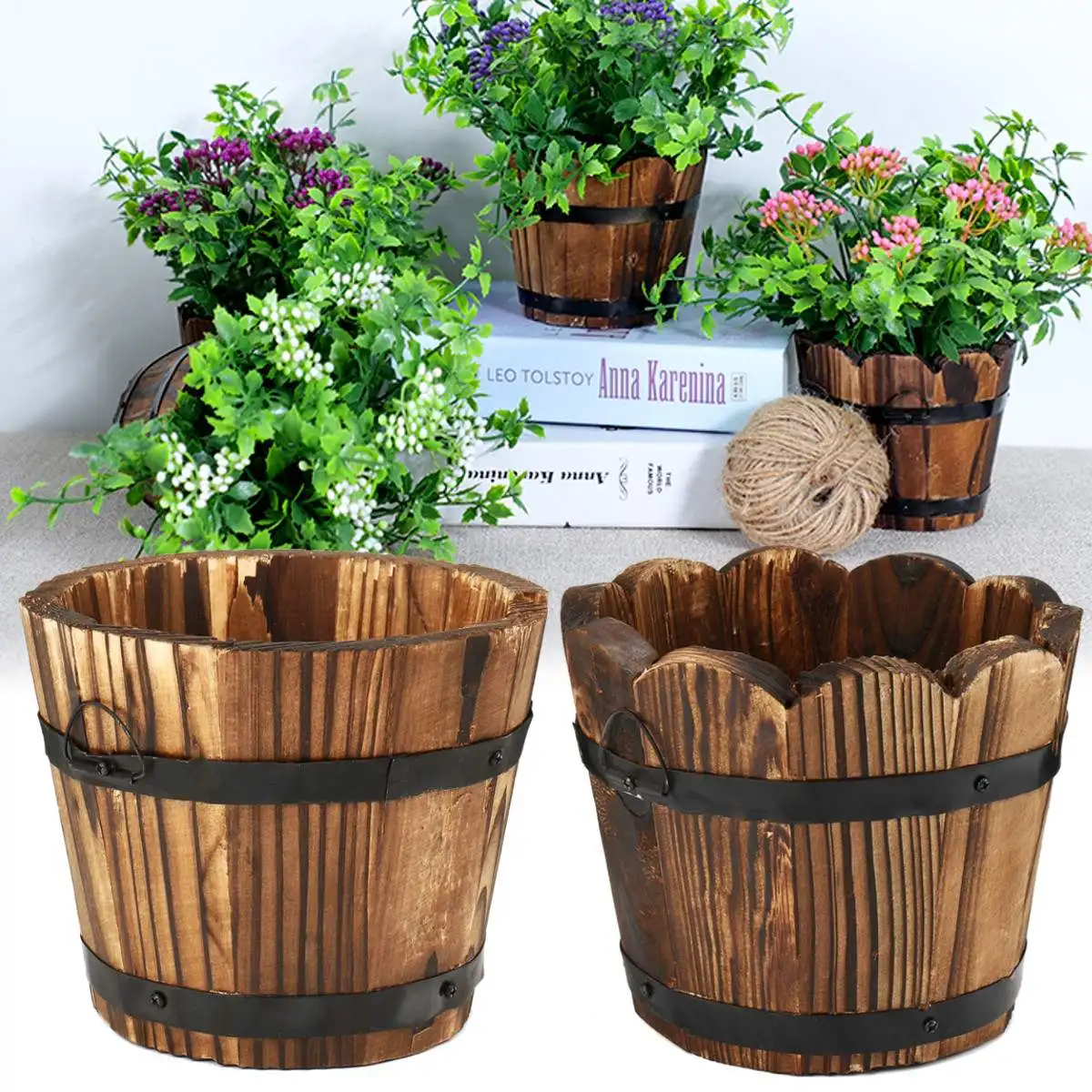 

Wooden Small Barrel Primaries Flower Pot Plant Basket Garden Indoor Balcony Succulent Plants Flower Bucket Home Decor Flat/Wave