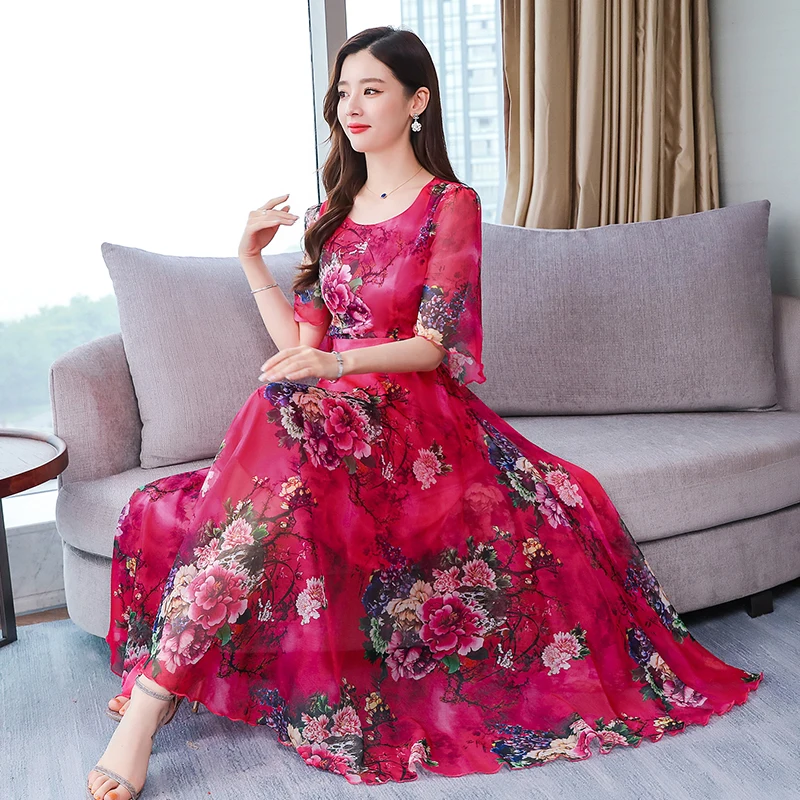 

Apricot,Red Flowers Lady Summer Dress 2019 New Women Short Sleeve Floral Print Temperament Long Chiffon Dresses M-3XL