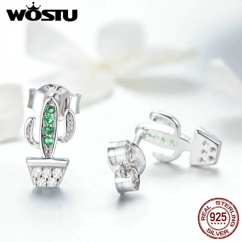 WOSTU подлинное серебро 925 пробы модные кактус серьги с прозрачным CZ женские