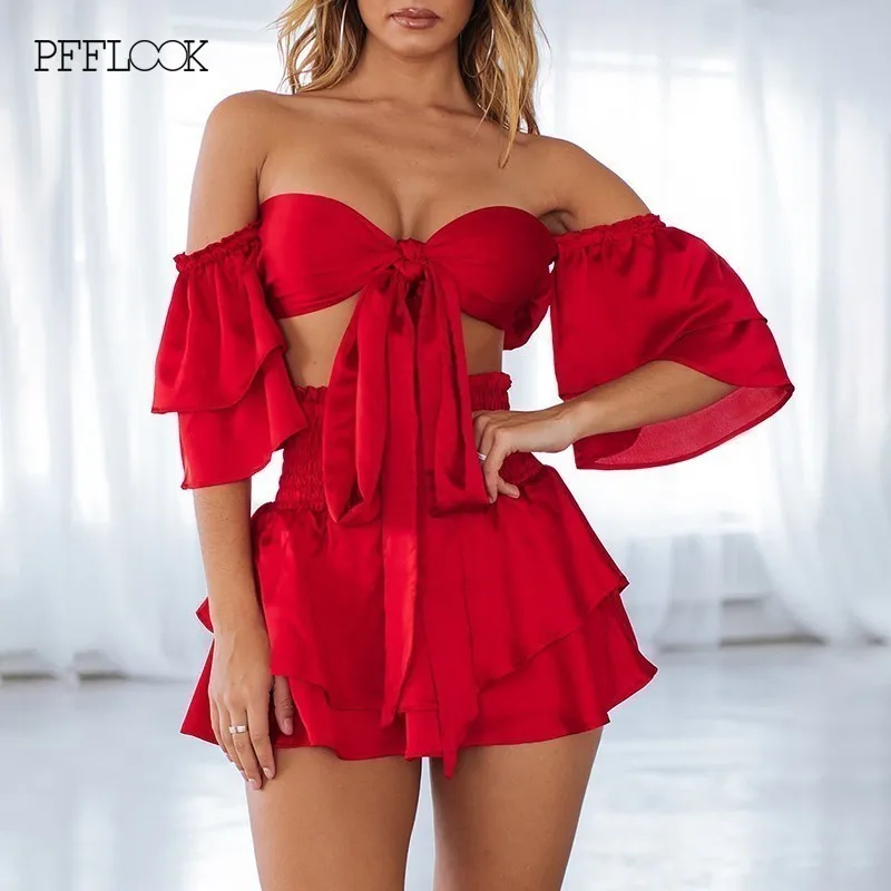 

PFFLOOK Off Shoulder Summer Two Piece Set Satin Dress Women Red Half Sleeve Backless Sexy Dress Tube Top Tie Up Mini Dress 2019