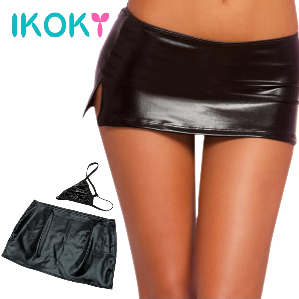 

IKOKY Dance Wear Skirt PU Faux Leather Exotic Apparel Tight Skirt With Thong Set Sexy Women Fantasy Erotic Wear L/XL