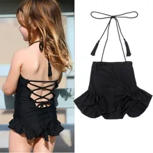 Летние детские купальники для девочек, черные бандажные бикини с оборками, модный детский купальный костюм для маленьких девочек