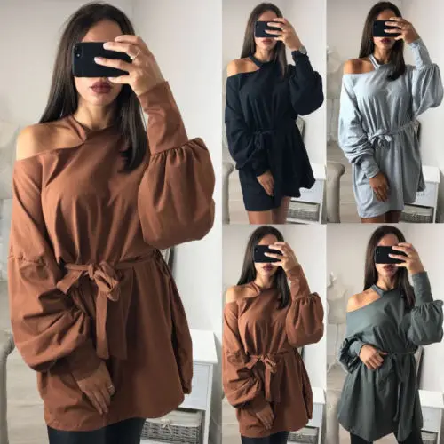 

2019 New Women Ladies Dresses Long Sleeve Off Shoulder Mini Sexy Tunic Dress Solid Black Top Plus Sizes Short Dress