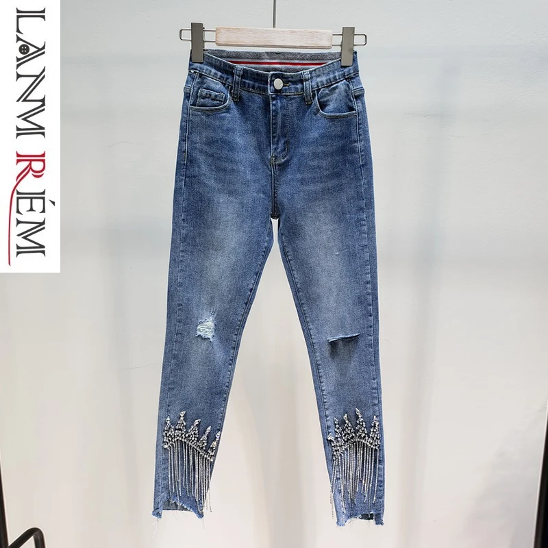 LANMREM 2019 сезон: весна-лето низ для женщин со стразами кисточкой отверстия летние эластичные синие джинсы Casul Необычные брюки YH17805