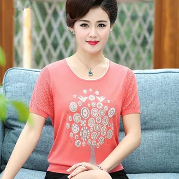 

Mom Summer Short-Sleeved Hipster shirts.40-50 Women's Summer T-Shirt Ice Silk Shirt Middle-Aged New Clothes M-5XL AS416