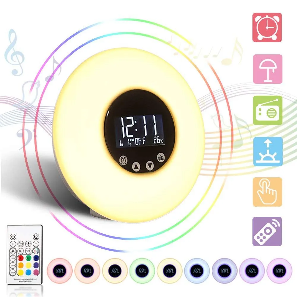 

Digital Alarm Clock Sunrise Wake Up Light Simulation Bedside Lamp Colorful Night Light Snooze/Sunset With FM Radio Memory Functi