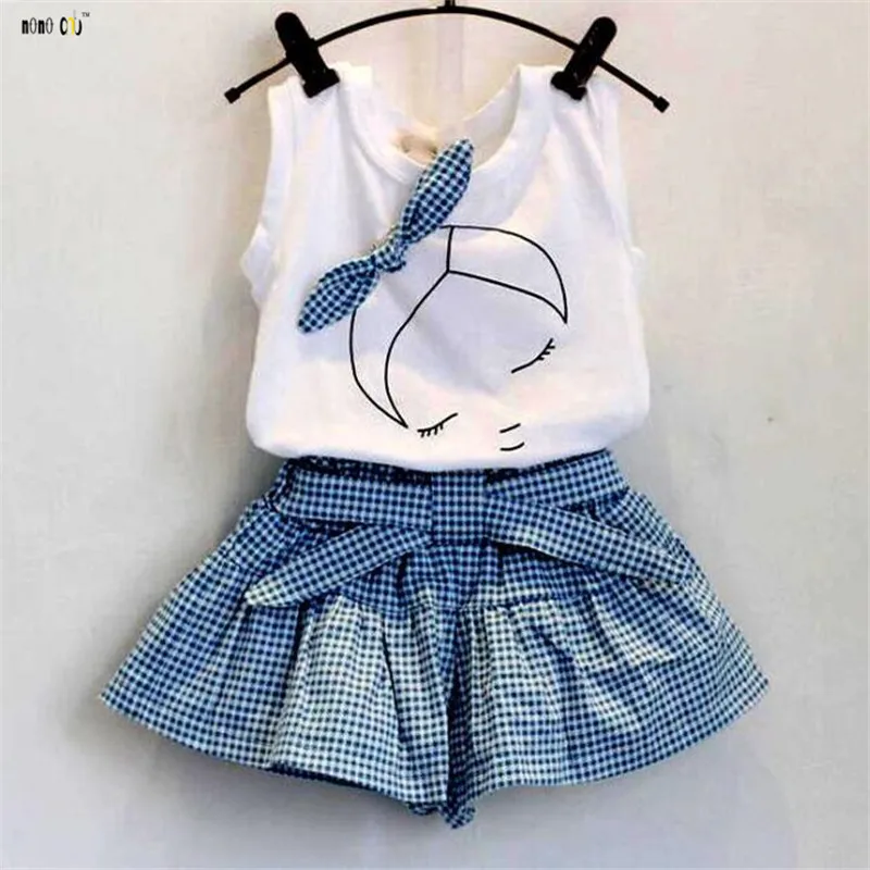 

Summer Kids Outfit Children Girls Clothing Set 2 pcs T Shirt & Shorts Cartoon Print Plaid Girl Clothes 2 3 4 5 6 7 Years