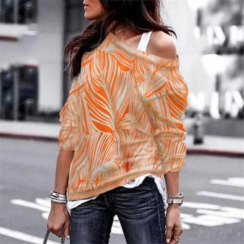 

2019 Women T Shirt Spring One Off Shoulder Long Sleeve Slouchy Shirt Baggy Top Print Female Geometric T-shirt Femme Mujer