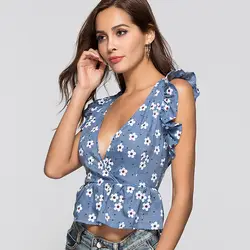 Новая мода Глубокий v-образный вырез Ruched Женские топы с баской синяя блузка рубашка уличная без рукавов дешевые сексуальные женские блузки