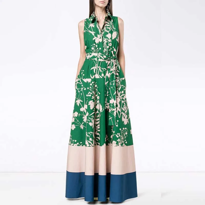 

Vintage Sleeveless Patchwork Long Dress Spring Summer Women Party Maxi Dress Beach Boho Elegant Print A-Line Dress