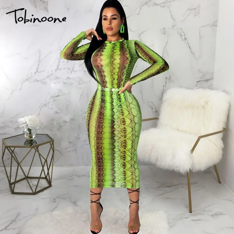

Tobinoone Ethnic print long sleeve elegant Dress women midi dress summer sexy green luxury vestidos robe 2019 new arrival