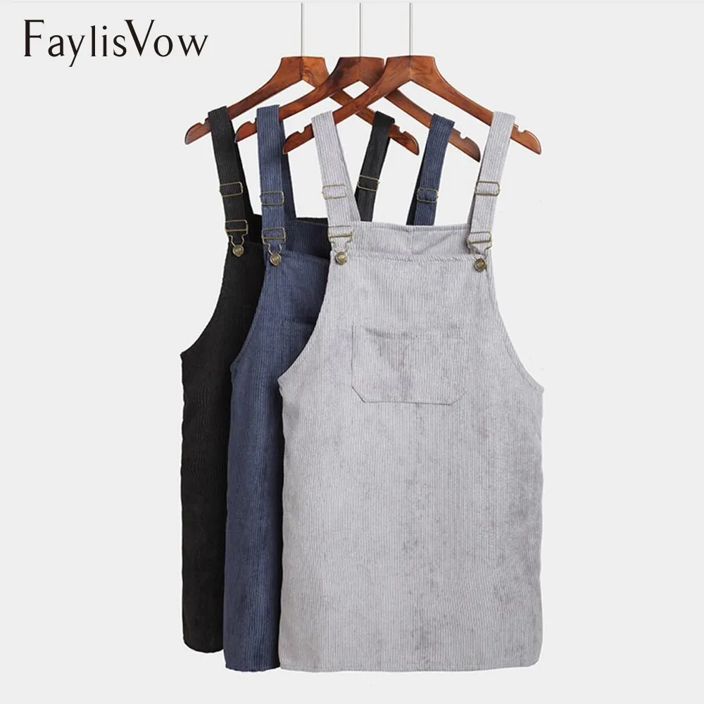 

Vintage Corduroy Vest Overall Dresses For Women Casual Sleeveless Suspender Solid Retro Beach Sundress Loose Pockets Sukienki