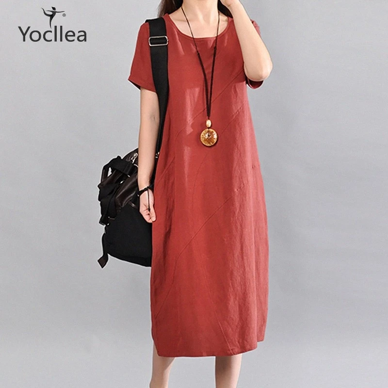 

New Summer dress Plus size Women's Clothing Solid Color Slim cotton Linen Dress Women Short Sleeve Loose Casual dresses female