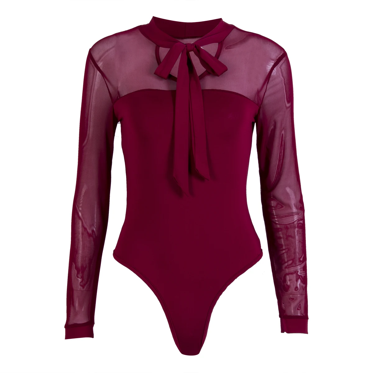 2019 Summer Women's Long Sleeves Tulle Bodysuit Leotard Black Tops Jumpsuit Perspective Stitching Lace-up Jumpsuit