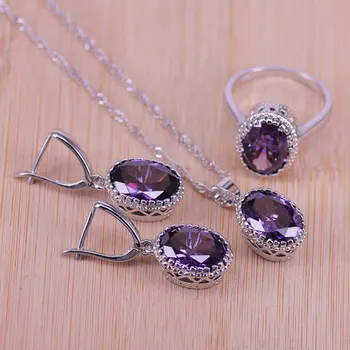 Top Quality Exquisite Purple Silver Color Women Wedding Necklace Earring Ring Zircon Crystal Costume Jewelry Sets