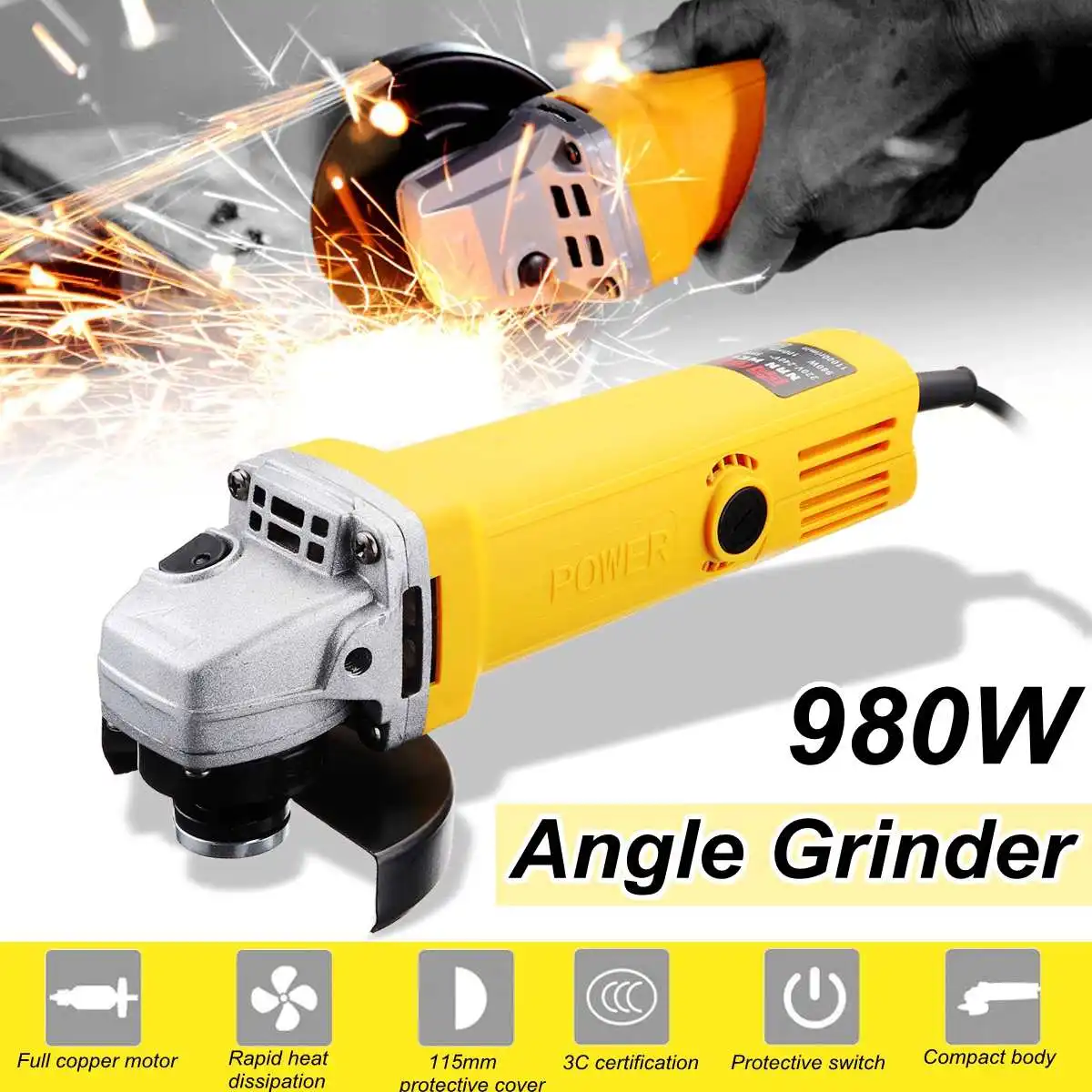 

220V/50Hz 980W 11000r/min Angle Grinder Electric Angle Grinding Cutting Power Tools 100mm Diameter