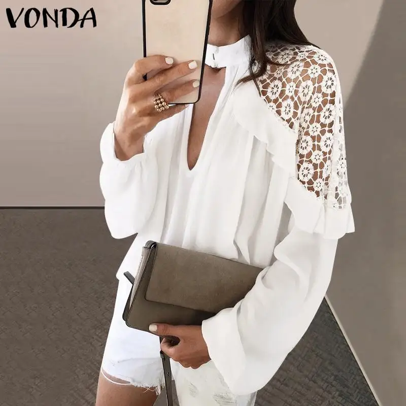  2019 VONDA Strapless Women Summer Lace Blouse Sexy Club Tops V Neck Lantern Sleeve Blusas Off The S