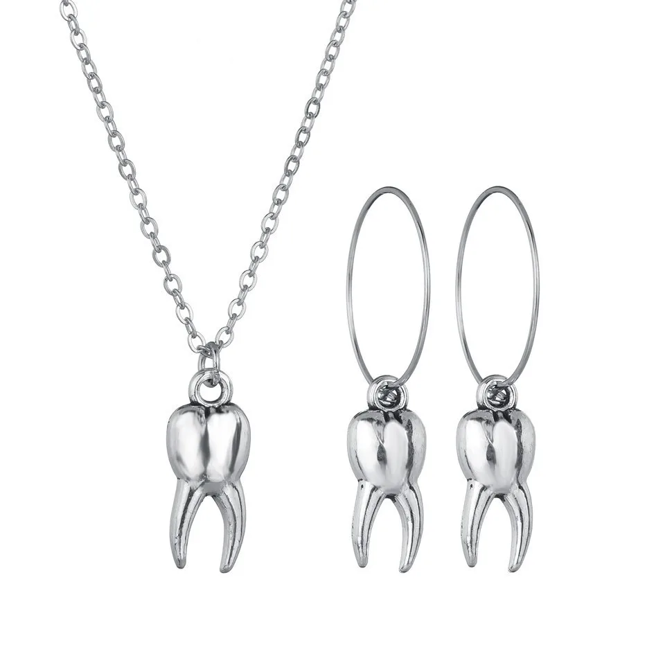 

3PCS Unique Vintage Earrings&Necklace Jewelry Set For Women Insect Teeth Handmade Female Jewelry Earrings&Necklace Silver Color