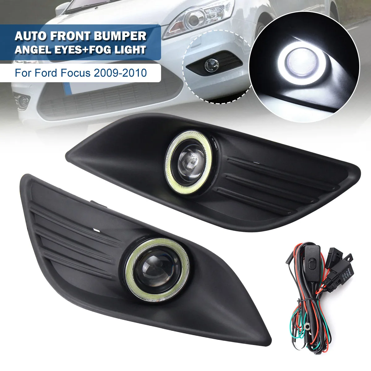

High Quality A Pair Car Auto Front Bumper Angel Eyes+Fog Lamp Daytime Driving Light For Ford For Focus 2009-2010 ABS Plastic