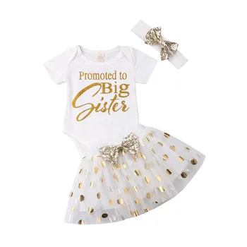 

3PCS Newborn Baby Girls Clothes Short Sleeve Letter Bodysuit T-shirt Tops Sequined Bow Patchwork Skirt Dress Headwear Set 0-24M
