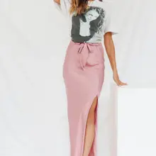 Женская модная атласная длинная свободная Летняя Повседневная Однотонная юбка со шнуровкой Новинка