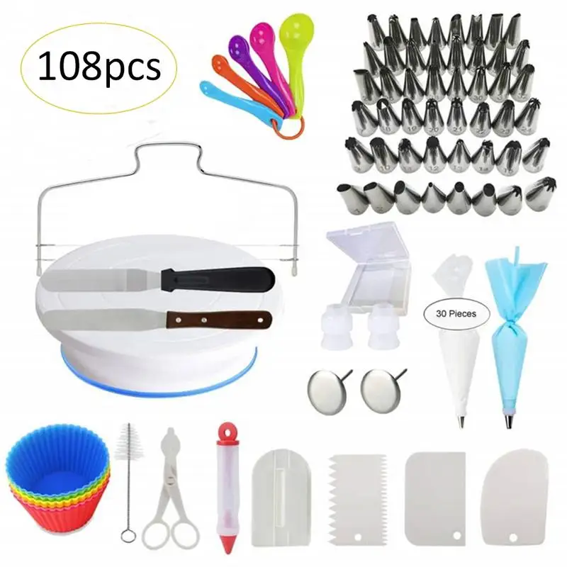 

108 Pcs/lot Cake Decorating Supplies Turntable Piping Tip Nozzle Pastry Bag Set With Adjustable Scraper DIY Cake Baking Tool