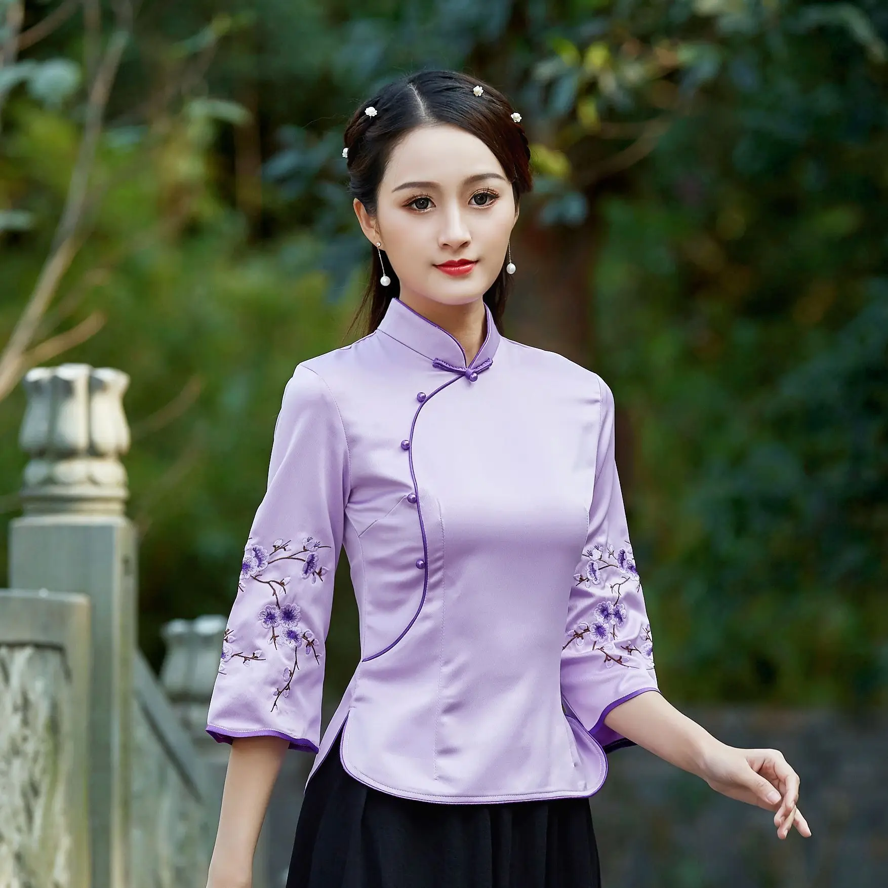 Розовые топы китайские рубашки Qipao Цветочная вышивка Guzheng Национальная таможня