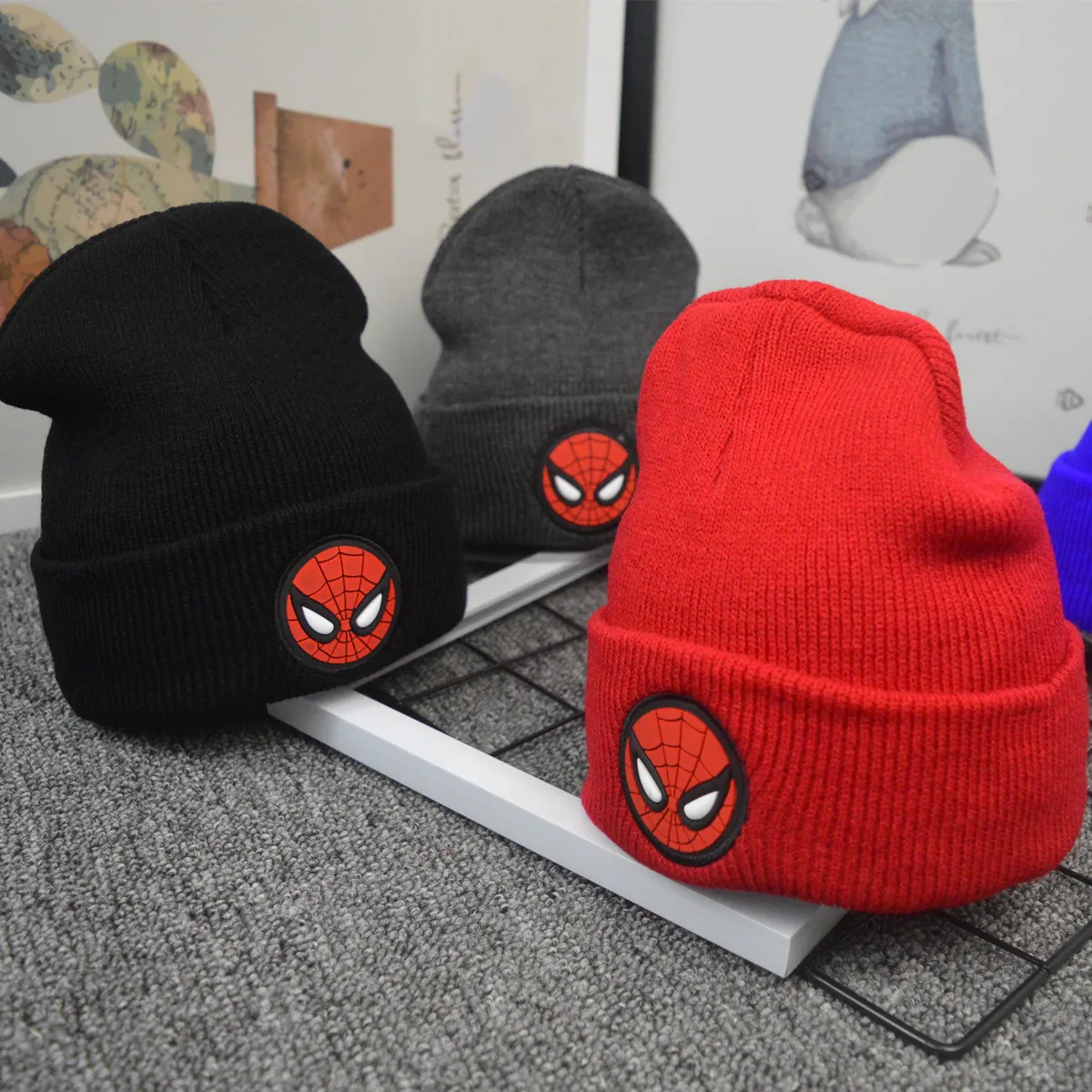 

The New Kids Cap Boy Cartoon Spider-man Girl Beanie Cap Children Knitting Hat Concise Labeling Knitting Hats