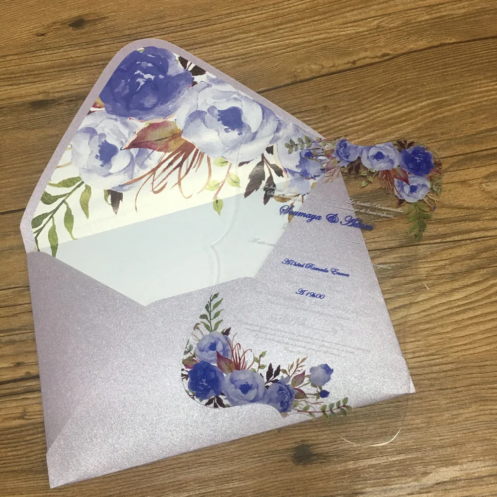50 шт популярное Элегантное Свадебное приглашение, цветочный дизайн, прозрачные кислотные приглашения с цветком, конверт, персонализированный текст
