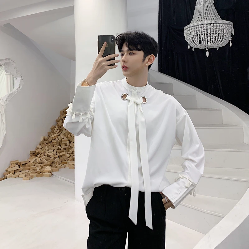 

Men Tie Collar Long Sleeve Casual Shirt Camisas Hombre Japan Harajuku Male Punk Gothic Dress Shirts Party Clothes 2019 Spring