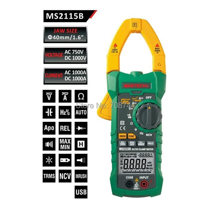 Цифровой клещи мультиметр MASTECH MS2115B DC AC Напряжение Ток Ом Емкость Частота тестер с USB