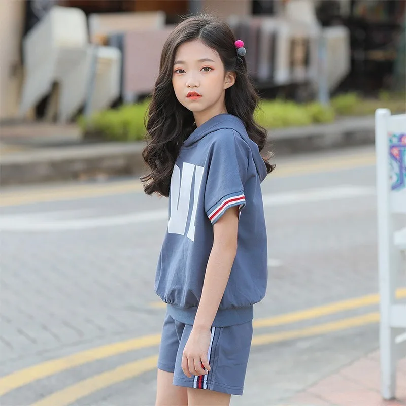 Summer Kids Girl Sport Set Fashion Children Short Sleeve Hoodie+elastic Waist Short School Suit For Girls 5-14Y Teenager Clothes