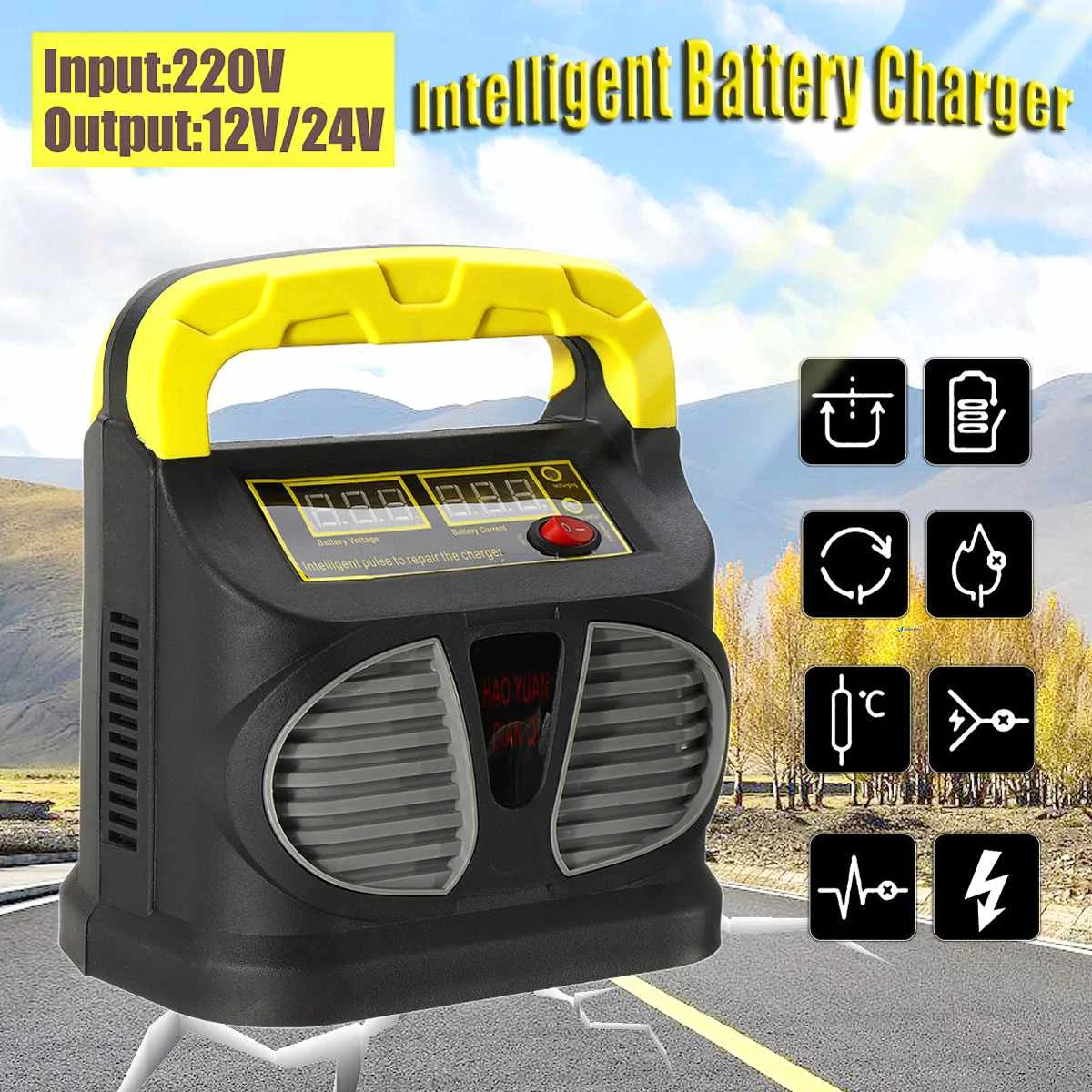 

220V Input 12/24V Output Portable Automatic Car Battery Charger Intelligent Fast Power Charging Lead Acid Digital LCD Display
