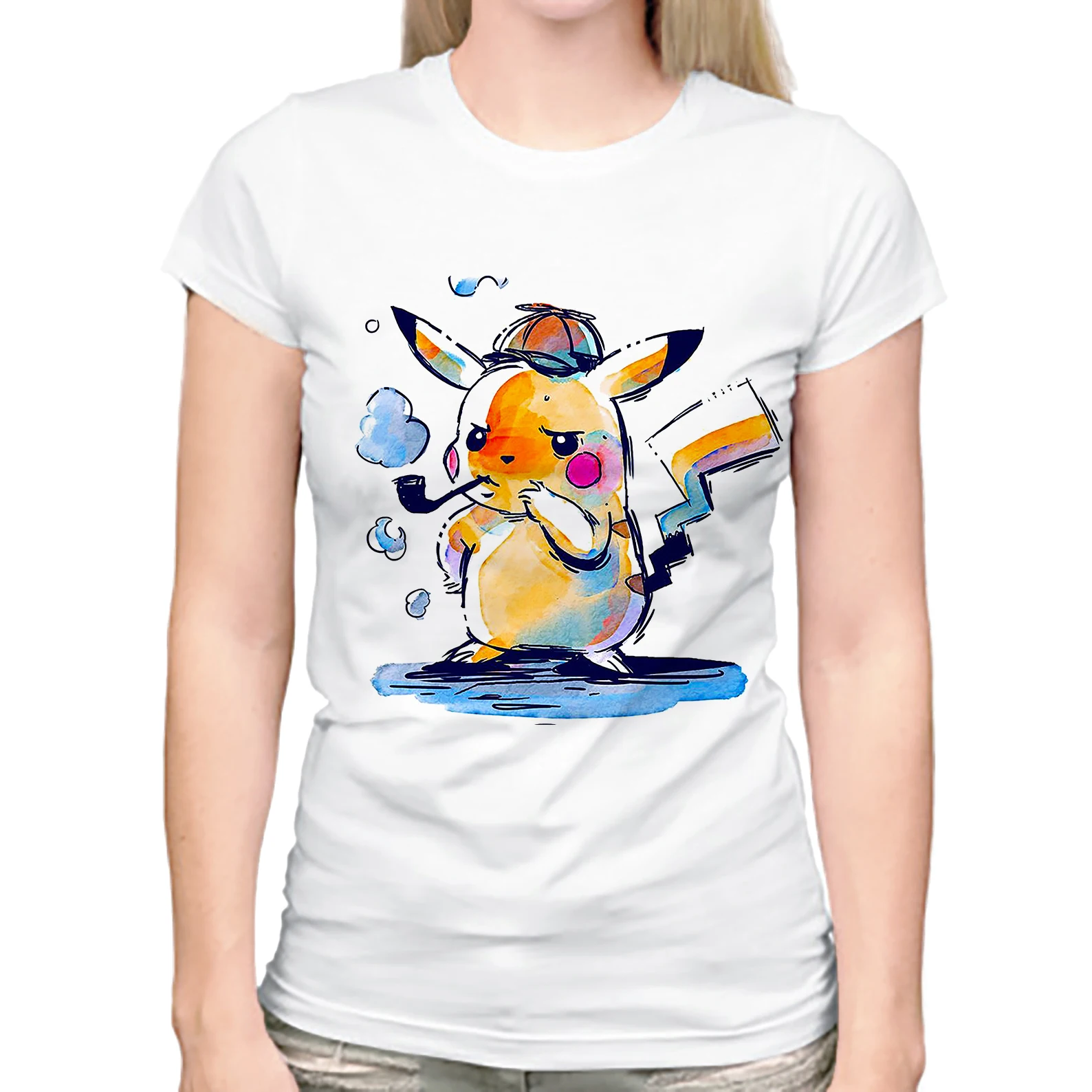 

watercolor Detective Pikachu funny t-shirt women 2019 summer new streetwear casual femme t shirt short sleeve tshirts