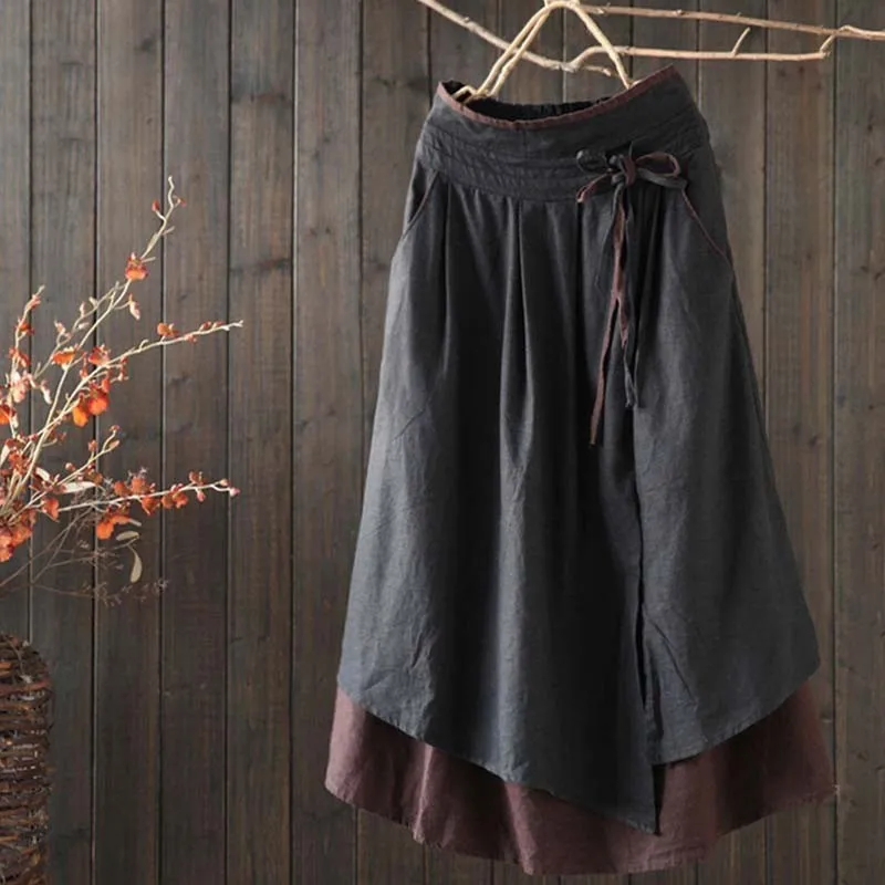 

Vintage two pices Splice Skirts New Women Irregular 2019 Summer High Waist Lace-Up Mid-calf Cotton Linen Skirts Long style