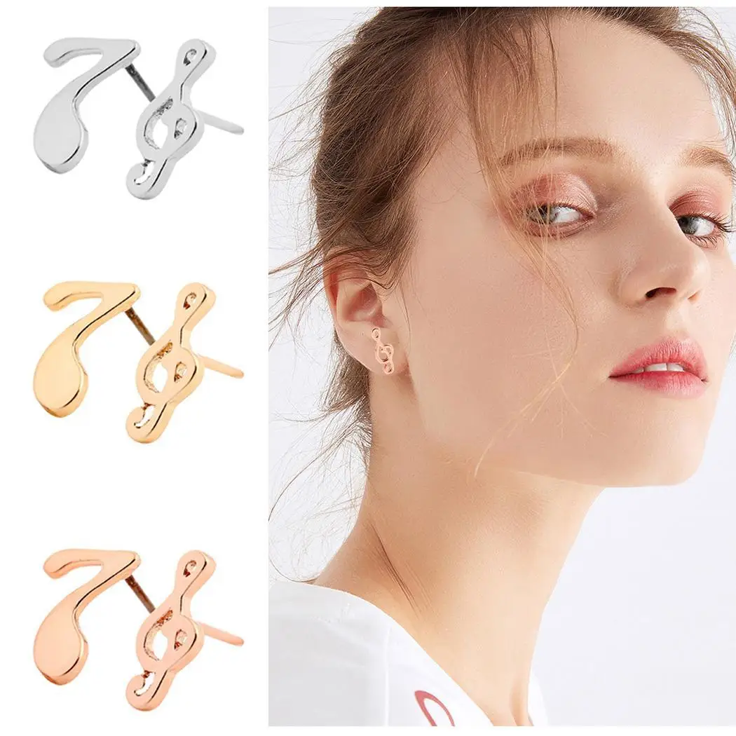 Women Stud Earrings Fashion Cute Musical Note Push Back Silver Gold Rose Casual Jewelry Gift Oorbellen Kolczyki | Украшения и