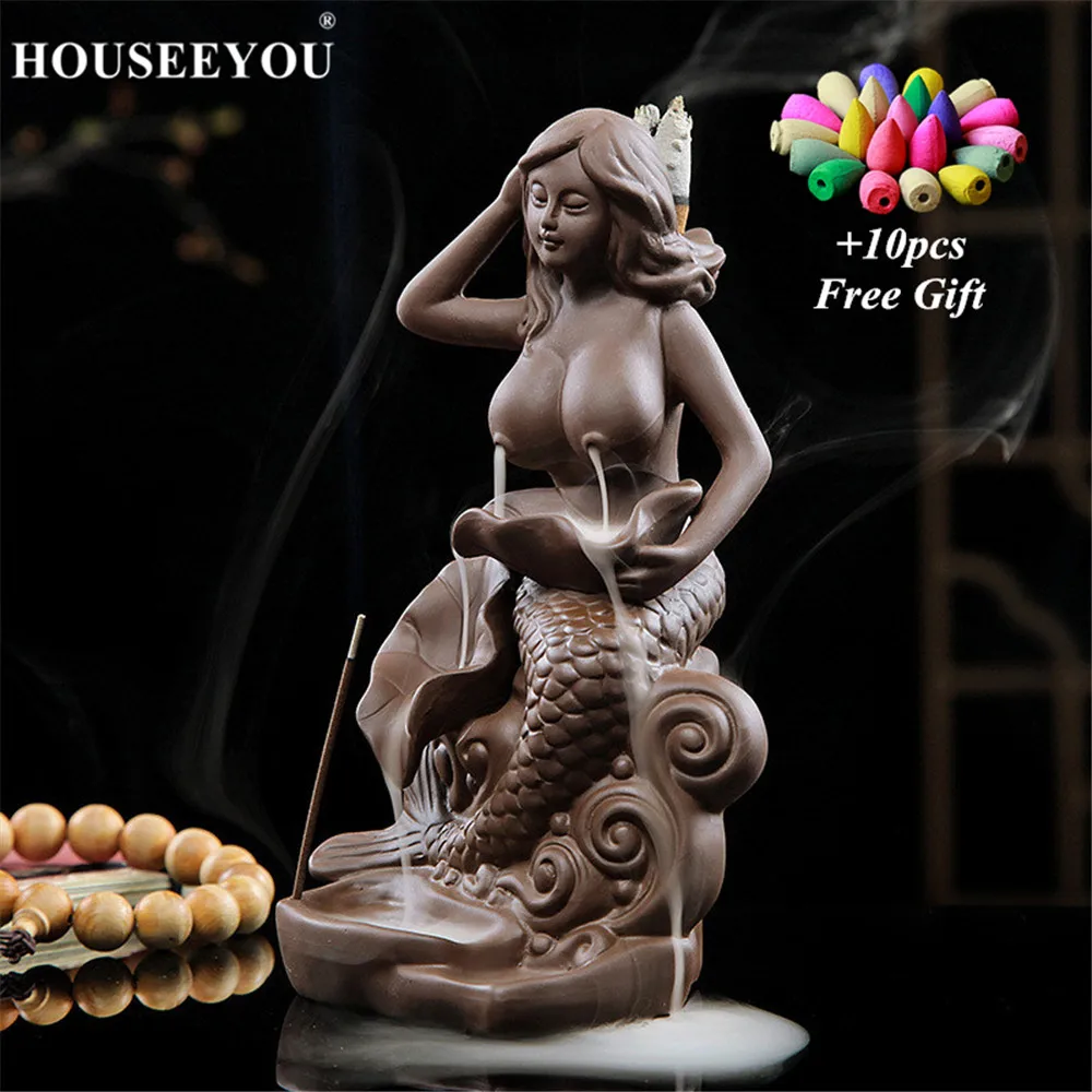 

Beauty Sexy Mermaid Figure Incense Burner Holder Backflow Ceramic Sticks Waterfall Cones Agarwood Herbal Coil Censer Home Decor