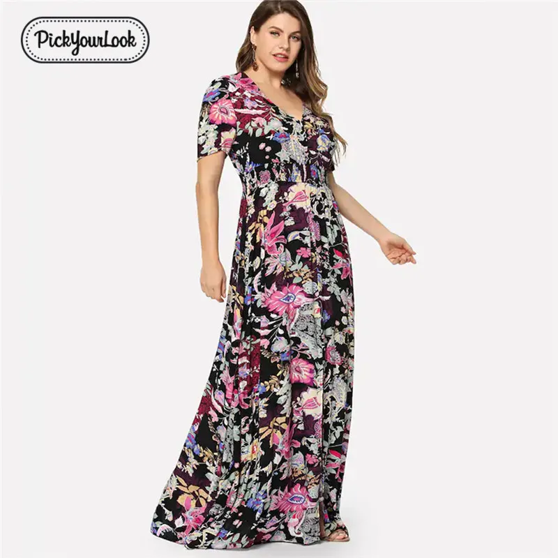 

Pickyourlook Women Maxi Dress Plus Size Summer Autumn Floral Print Vintage Ladies Dresses Short Sleeve V Retro Female Vestidos