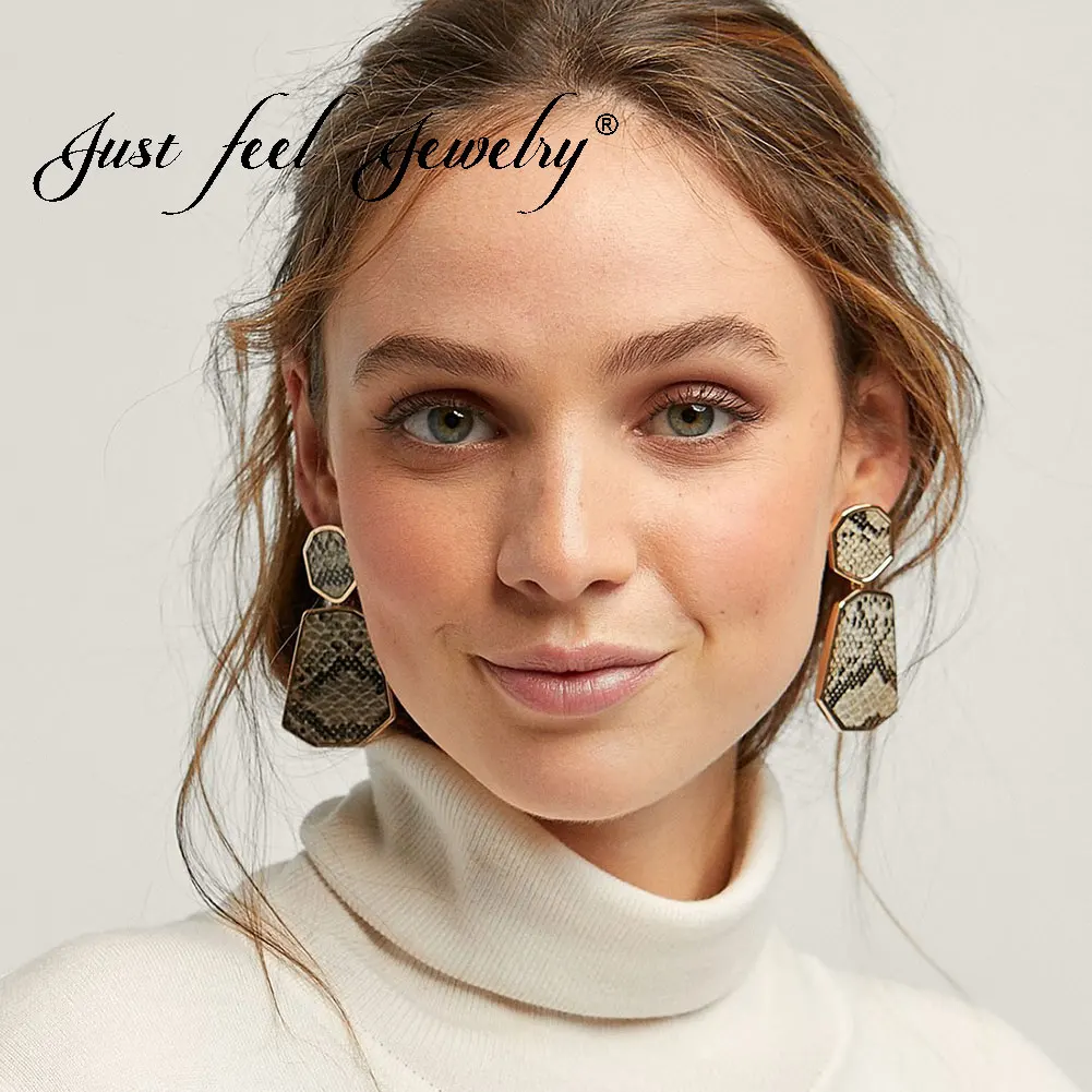 

JUST FEEL Leather Punk Long Dangle Earrings ZA Fashion Big Leopard Print Drop Earring For Women Party Jacket Trendy New Jewelry