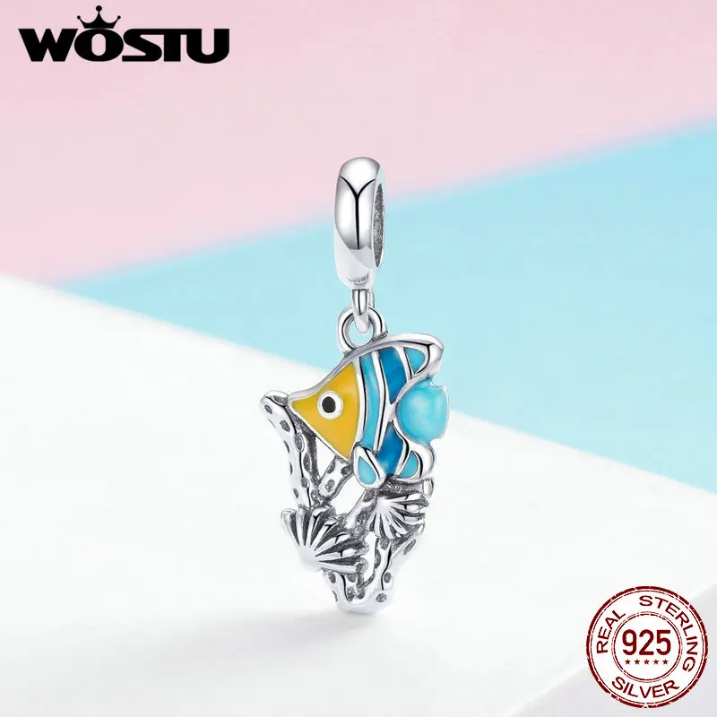 WOSTU 100% 925 Sterling Silver Ocean Fish Dangle Charms Fit Beads Bracelet & Necklace Pendant Elegant Unique Jewelry Gift CQC959