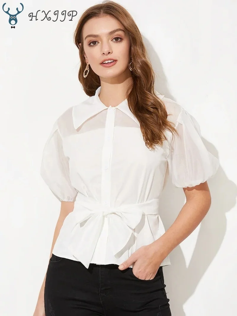 

HXJJP 2019 Summer Style Blouse Women Fashion White Chiffon Elegant Shirt Female OL Organza Short Sleeve Bubble Sleeves TopS