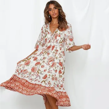 

DeRuiLaDy 2020 Women elegant Floral Print Summer Long Dress Sexy V Neck Lace Up Maxi Dresses Female Causal Beach Vestidos