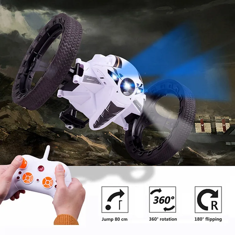 Mini Cars Bounce Car 2.4GHz RC Car with Flexible Wheels Rotation LED Light Remote Control Robot Car Toys for Gifts