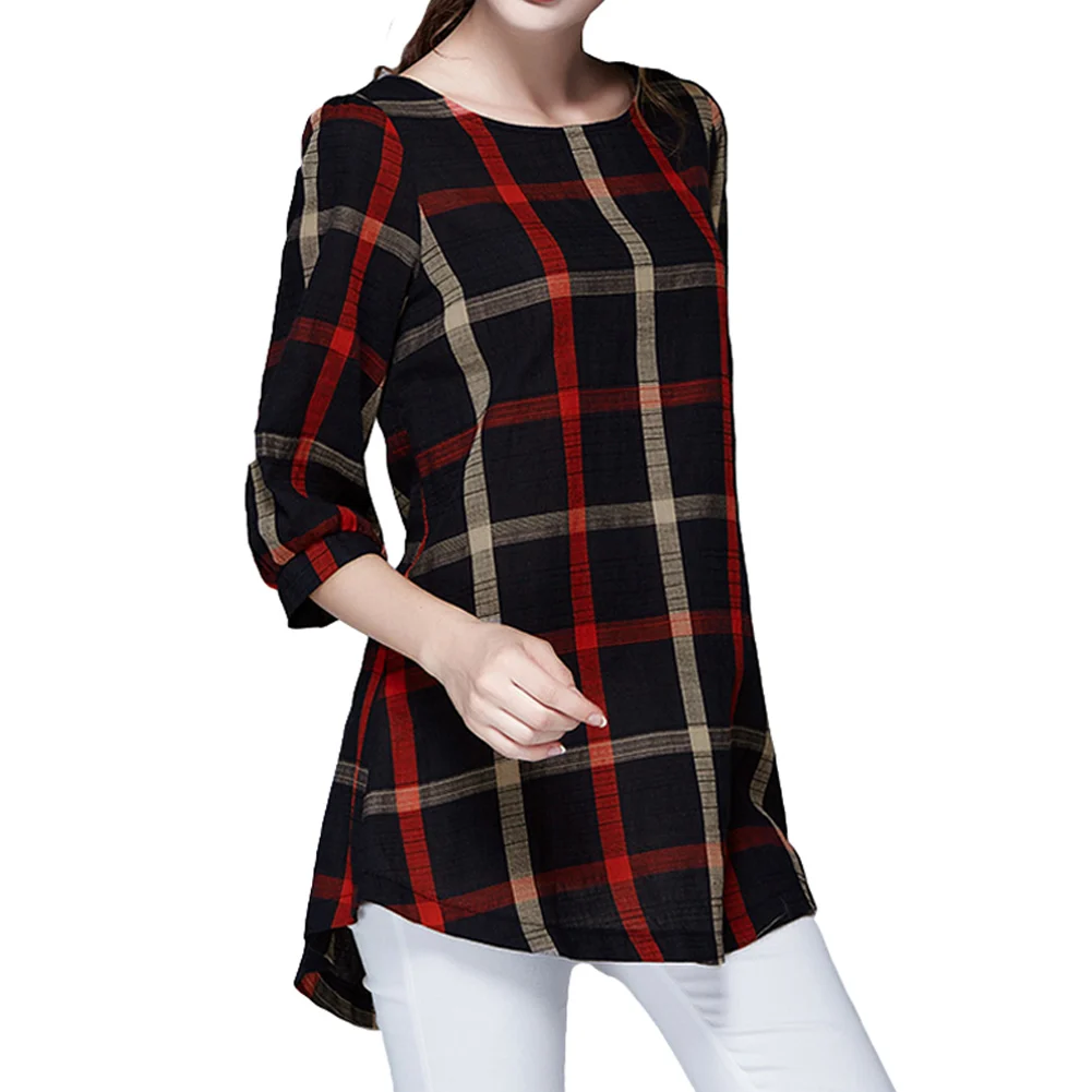 

Vintage Plaid Print Fashion Women Blouse Red O Neck 3/4 Sleeve Casual Plus Size Loose Ladies Spring Autumn Shirt Tops Blusa