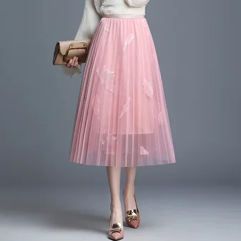 

2019 Summer Gauze Feather Pleated High Waist Half-body Skirt Woman