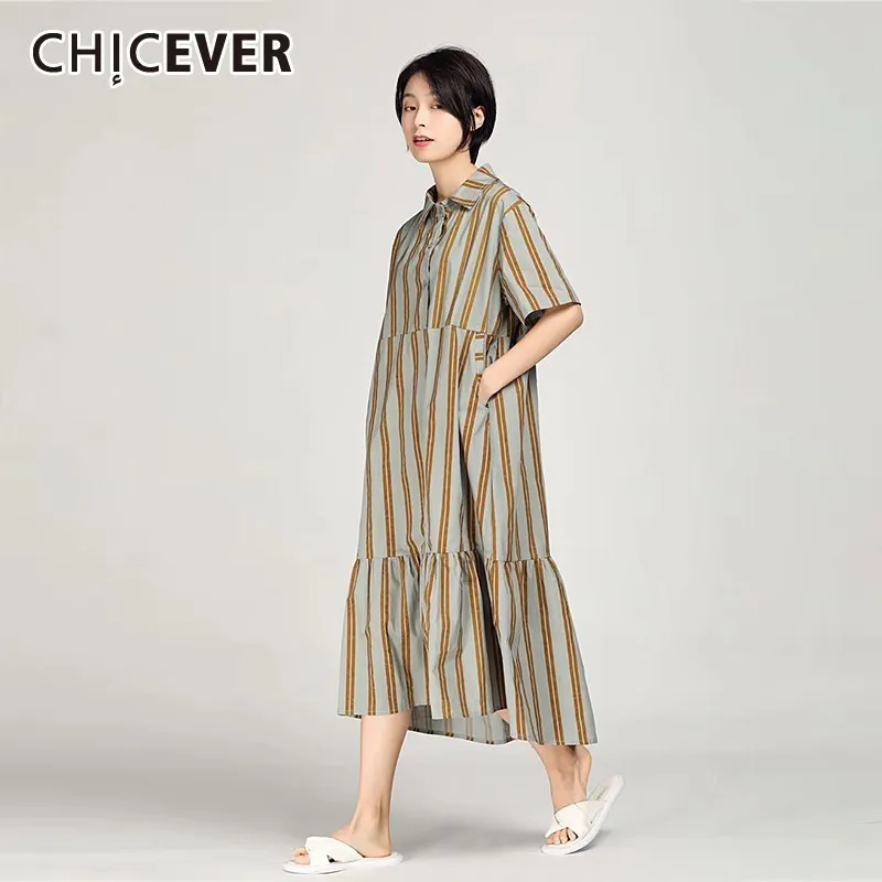 CHICEVER весеннее повседневное Полосатое женское платье с отворотом коротким